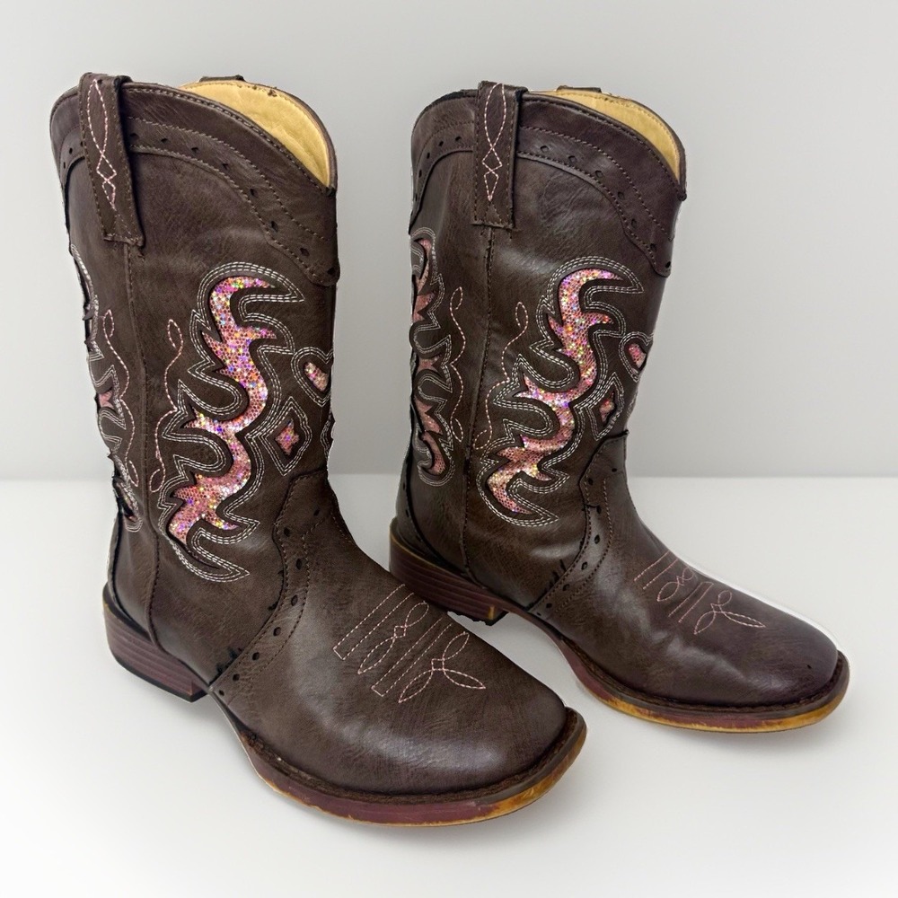Kids Roper Brown Western Cowgirl Boots Pink Glitter Inlay Overlay Stitching